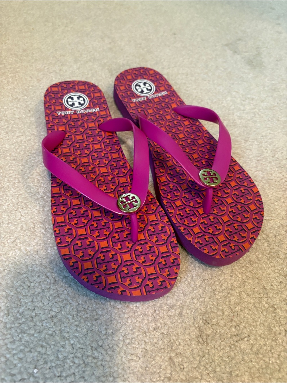 Tory Burch Pink and Orange Logo Pattern Flip Flops